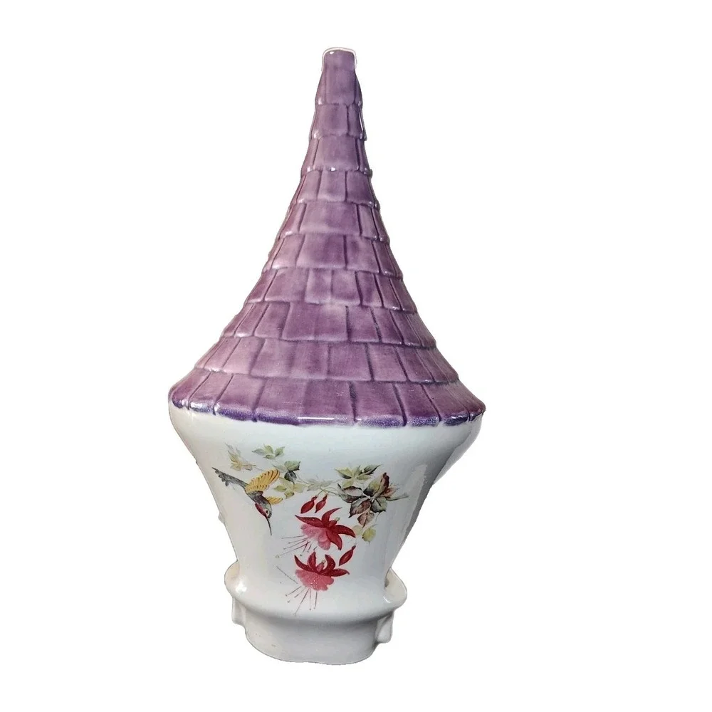Vintage Ceramic Garden Bird Feeder Whimsical Cottage Purple Turret Roof Rare